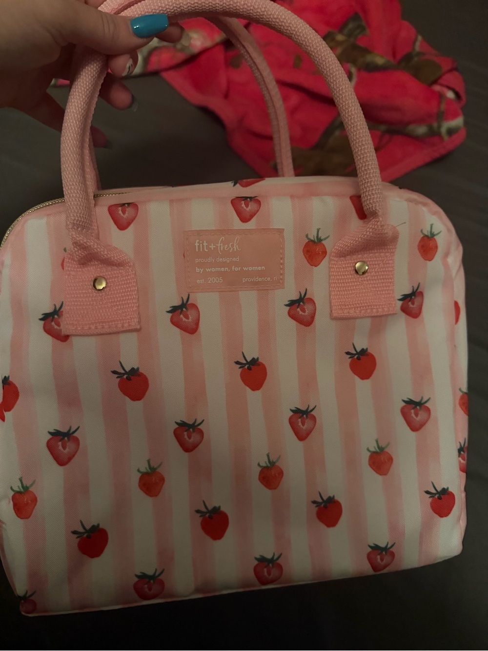Pink Strawberry Print Lunch Tote Bag